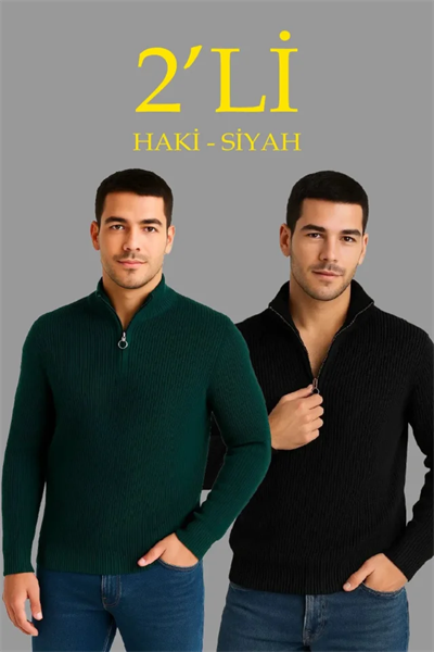 Erkek Fitilli Triko Kazak 2’li Set – Siyah - Haki Kalın Dokuma Pamuklu Regular Fit V Yaka Fermuarlı Uzun Kollu Rahat Kışlık Kazak Kombini