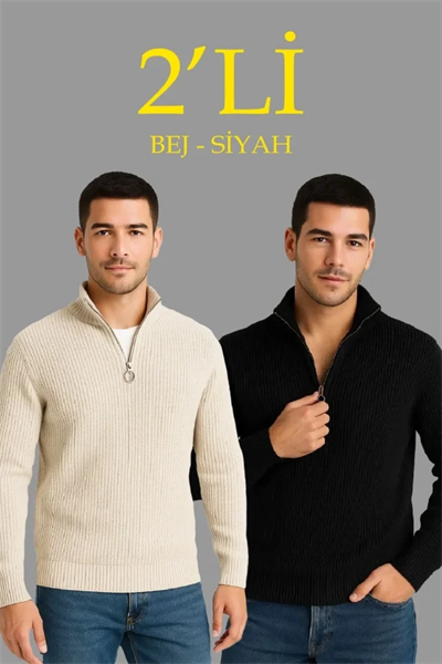 Erkek Fitilli Triko Kazak 2’li Set – Siyah - Bej Kalın Dokuma Pamuklu Regular Fit V Yaka Fermuarlı Uzun Kollu Rahat Kışlık Kazak Kombini