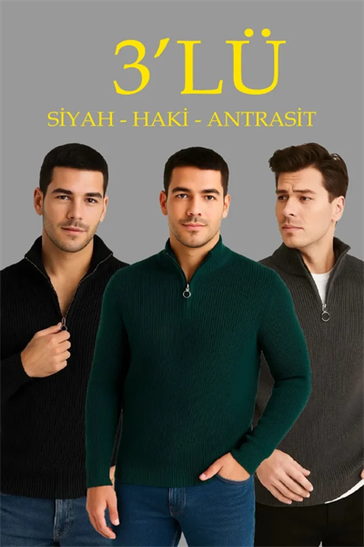 Erkek Fitilli Triko Kazak 3’lü Set – Haki, Siyah, Antrasit Kalın Dokuma Pamuklu Regular Fit V Yaka Fermuarlı Uzun Kollu Rahat Kışlık Kazak Kombini