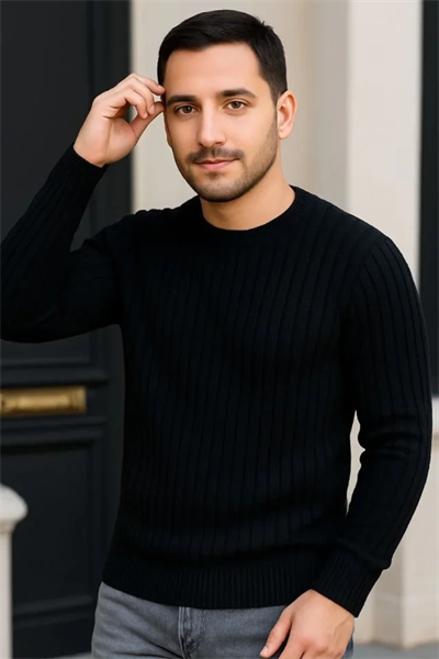Erkek Fitilli Triko Kazak 3lü Set Gri Haki Siyah Regular Fit Bisiklet Yaka Triko Seti Modeli Kazak