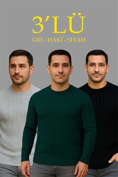 Erkek Fitilli Triko Kazak 3lü Set Gri Haki Siyah Regular Fit Bisiklet Yaka Triko Seti Modeli Kazak