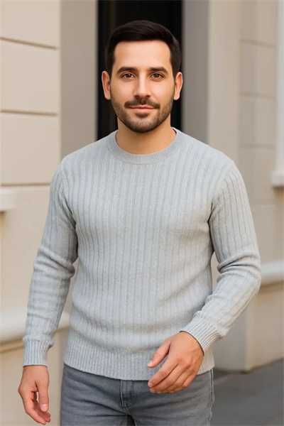 Erkek Fitilli Triko Kazak 3lü Set Gri Haki Siyah Regular Fit Bisiklet Yaka Triko Seti Modeli Kazak