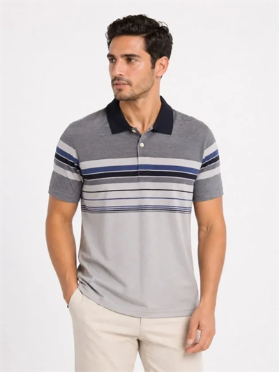 Erkek Flamlı Penye Çizgili Polo Yaka Tişört Kısa Kol Yazlık T-Shirt - Gri