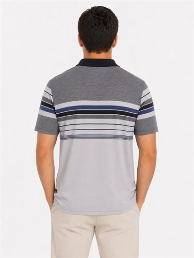 Erkek Flamlı Penye Çizgili Polo Yaka Tişört Kısa Kol Yazlık T-Shirt - Gri
