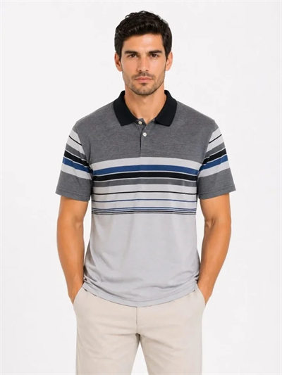 Erkek Flamlı Penye Çizgili Polo Yaka Tişört Kısa Kol Yazlık T-Shirt - Gri