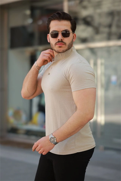 Erkek Hakim Yaka Dokuma Pamuklu Kumaş Kısa Kollu T-shirt