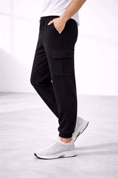 Erkek Jogger Eşofman Altı Regular Fit , Kargo Cepli, Lastikli Paça, Günlük Spor Pantolon - Siyah