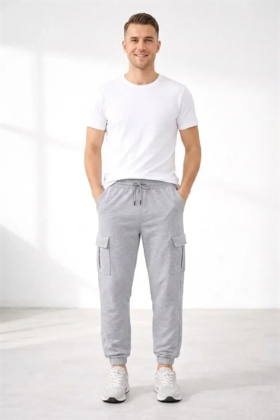 Erkek Jogger Eşofman Altı Regular Fit , Kargo Cepli, Lastikli Paça, Günlük Spor Pantolon - Gri