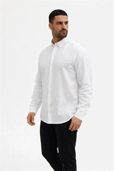 Erkek KETEN Kumaş Oversize Uzun Kollu Rahat Kalıp Gömlek - Beyaz