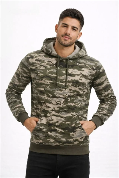 Erkek Kamuflaj Desenli 2 İplik 4 Mevsim Kapüşonlu Kanguru Cepli Hoodie Sweatshirt - Kamuflaj
