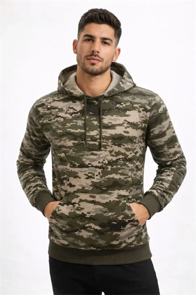Erkek Kamuflaj Desenli 2 İplik 4 Mevsim Kapüşonlu Kanguru Cepli Hoodie Sweatshirt - Kamuflaj