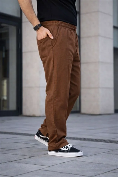 Erkek Keten Cepli Çıma Dikişli Jogger Buggy Pantalon Rahat Kalıp - Kahverengi