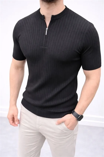 Erkek Kısa Kol Fitilli Triko T-Shirt Yazlık Hakim Yaka Tişört - Siyah