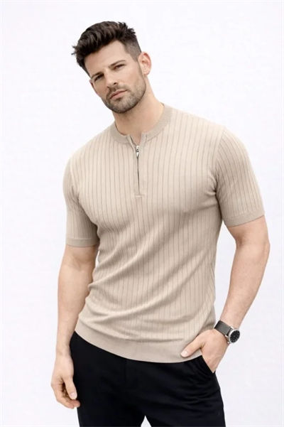 Erkek Kısa Kol Fitilli Triko T-Shirt Yazlık Hakim Yaka Tişört - Bej