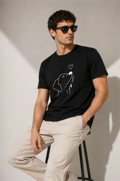 Erkek Köpek Figürlü Minimal Baskılı Tişört Kısa Kol Yazlık T-Shirt - Siyah