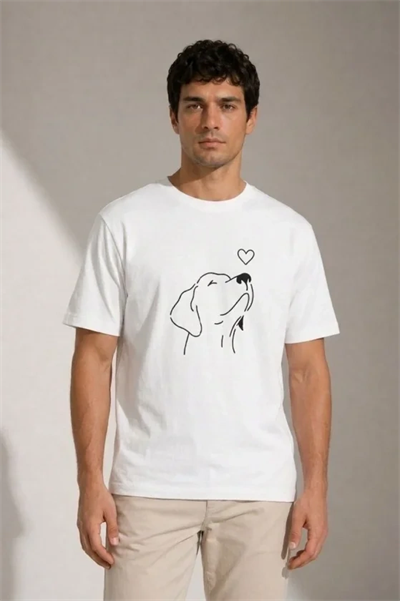 Erkek Köpek Figürlü Minimal Baskılı Tişört Kısa Kol Yazlık T-Shirt - Beyaz