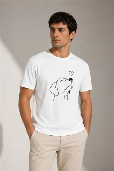 Erkek Köpek Figürlü Minimal Baskılı Tişört Kısa Kol Yazlık T-Shirt - Beyaz