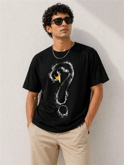 Erkek Kuğu Figürlü Soru İşareti Baskılı Tişört Kısa Kol T-Shirt - Siyah