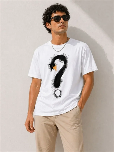 Erkek Kuğu Figürlü Soru İşareti Baskılı Tişört Kısa Kol T-Shirt - Beyaz