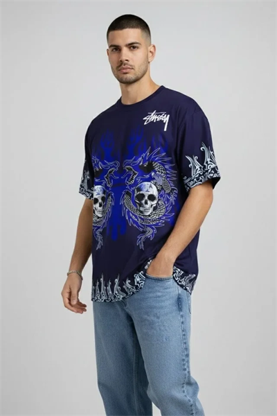 Erkek Lacivert Oversize Tişört Dragon - Kuru Kafa Baskılı Bisiklet Yaka Streetwear T-Shirt - Lacivert