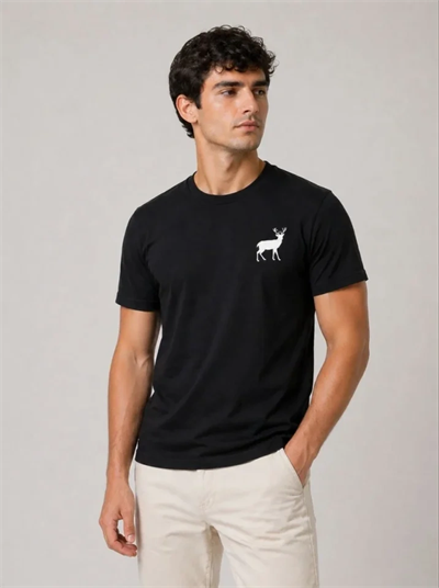 Erkek Minimal Geyik Logolu Tişört Bisiklet Yaka Kısa Kol Yazlık T-Shirt - Siyah