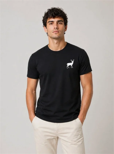 Erkek Minimal Geyik Logolu Tişört Bisiklet Yaka Kısa Kol Yazlık T-Shirt - Siyah