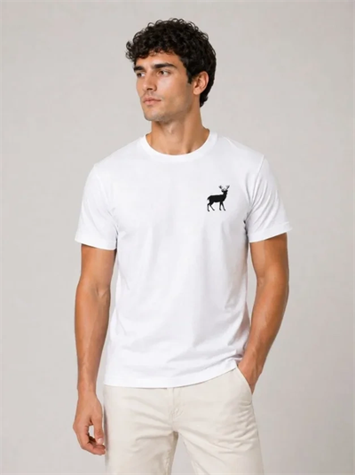 Erkek Minimal Geyik Logolu Tişört Bisiklet Yaka Kısa Kol Yazlık T-Shirt - Beyaz