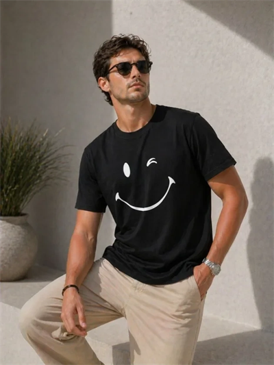 Erkek Minimal Gülümseyen Yüz Baskılı Tişört Kısa Kol Yazlık T-Shirt - Siyah