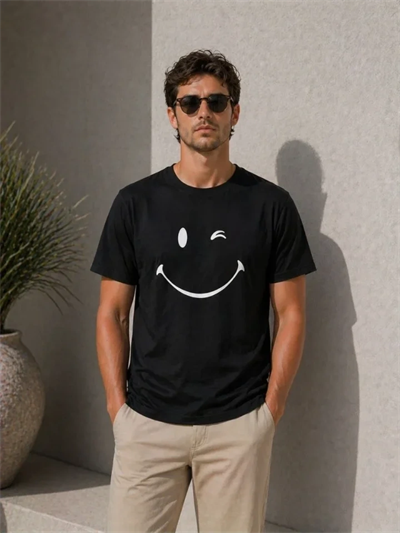 Erkek Minimal Gülümseyen Yüz Baskılı Tişört Kısa Kol Yazlık T-Shirt - Siyah