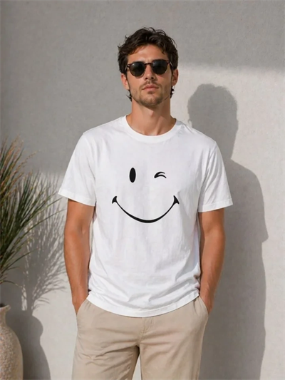 Erkek Minimal Gülümseyen Yüz Baskılı Tişört Kısa Kol Yazlık T-Shirt - Beyaz