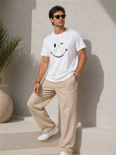 Erkek Minimal Gülümseyen Yüz Baskılı Tişört Kısa Kol Yazlık T-Shirt - Beyaz