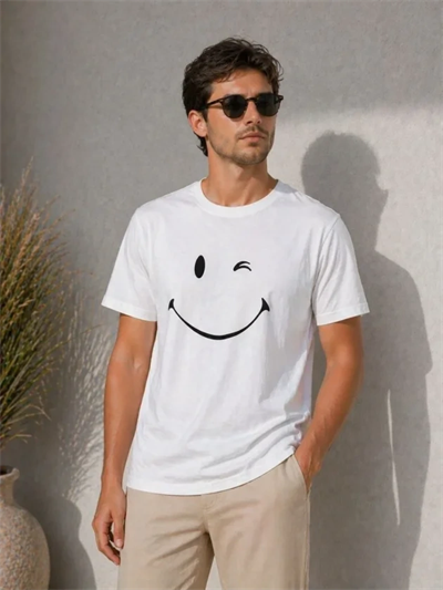 Erkek Minimal Gülümseyen Yüz Baskılı Tişört Kısa Kol Yazlık T-Shirt - Beyaz