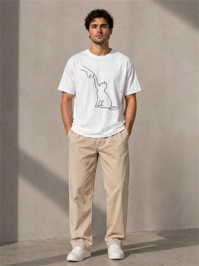 Erkek Minimal Kedi Çizim Baskılı Tişört Kısa Kol Yazlık T-Shirt - Beyaz