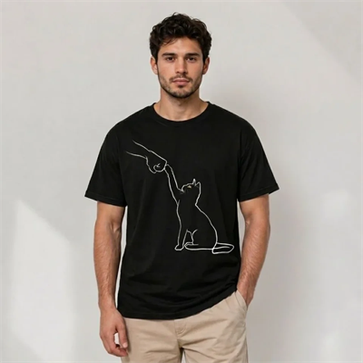 Erkek Minimal Kedi Çizim Baskılı Tişört Kısa Kol Yazlık T-Shirt - Siyah