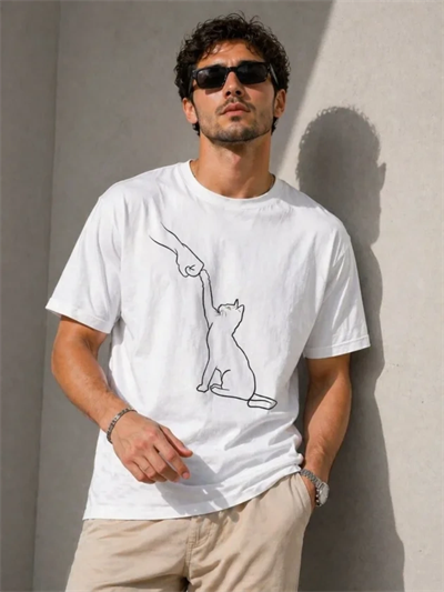 Erkek Minimal Kedi Çizim Baskılı Tişört Kısa Kol Yazlık T-Shirt - Beyaz
