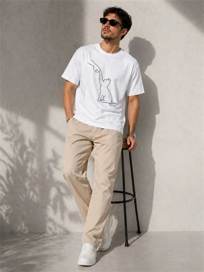 Erkek Minimal Kedi Çizim Baskılı Tişört Kısa Kol Yazlık T-Shirt - Beyaz