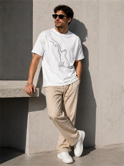 Erkek Minimal Kedi Çizim Baskılı Tişört Kısa Kol Yazlık T-Shirt - Beyaz