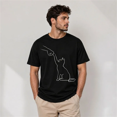 Erkek Minimal Kedi Çizim Baskılı Tişört Kısa Kol Yazlık T-Shirt - Siyah