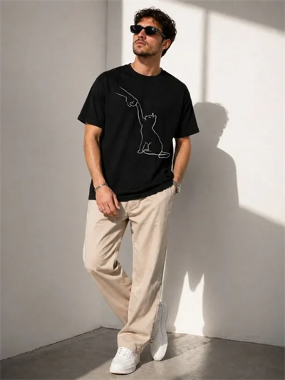 Erkek Minimal Kedi Çizim Baskılı Tişört Kısa Kol Yazlık T-Shirt - Siyah
