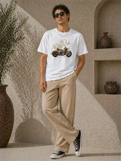 Erkek Motosiklet Baskılı Tişört Bisiklet Yaka Kısa Kol Yazlık T-Shirt - Beyaz