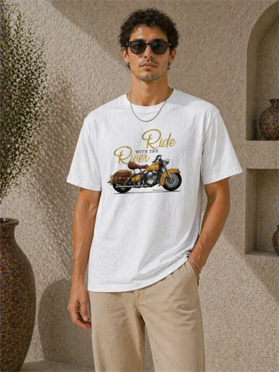 Erkek Motosiklet Baskılı Tişört Bisiklet Yaka Kısa Kol Yazlık T-Shirt - Beyaz
