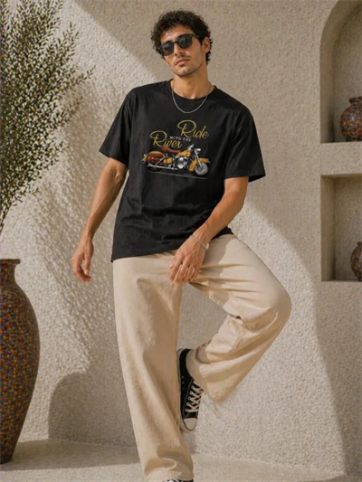 Erkek Motosiklet Baskılı Tişört Bisiklet Yaka Kısa Kol Yazlık T-Shirt - Siyah