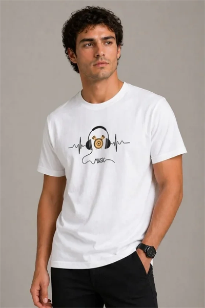 Erkek Müzik Temalı Baskılı Tişört Bisiklet Yaka Kısa Kol T-Shirt - Beyaz