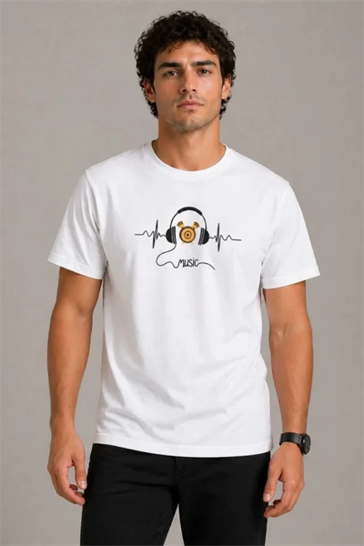 Erkek Müzik Temalı Baskılı Tişört Bisiklet Yaka Kısa Kol T-Shirt - Beyaz