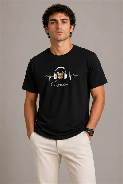 Erkek Müzik Temalı Baskılı Tişört Bisiklet Yaka Kısa Kol T-Shirt - Siyah