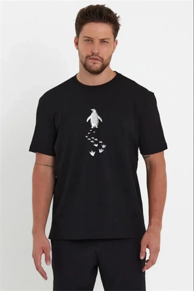 Erkek Nihilist Penguen Temalı Oversize Bisiklet Yaka Tişört - Siyah