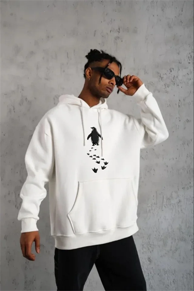Erkek Nihilist Penguen Temalı Oversize Kapüşonlu Sweatshirt - Beyaz
