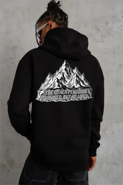 Erkek Nihilist Penguen Temalı Oversize Kapüşonlu Sweatshirt - Siyah