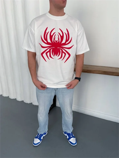 Erkek Örümcek Baskılı Tişört Kısa Kollu Bisiklet Yaka T-Shirt - Beyaz