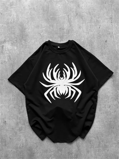 Erkek Örümcek Baskılı Tişört Kısa Kollu Bisiklet Yaka T-Shirt - Siyah